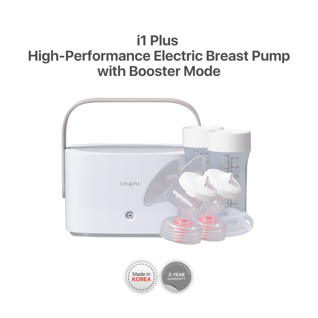 imani i1 Plus electric breast pump main unit with bottles and tubing on white background