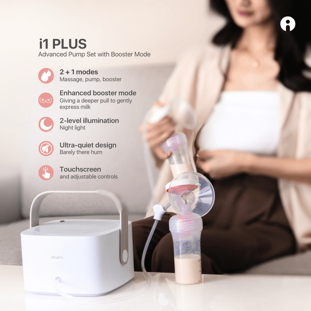 Woman using imani i1 Plus electric breast pump with bottle and control unit
