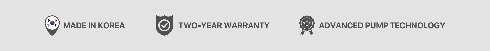 Product quality badges showing country of manufacture, warranty, and pump technology